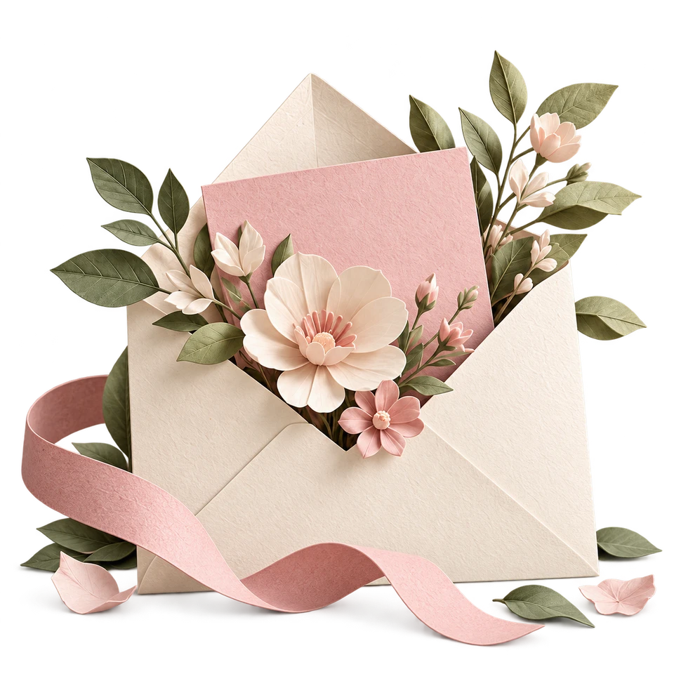 Un sobre con flores de papel, una carta rosa y una cinta