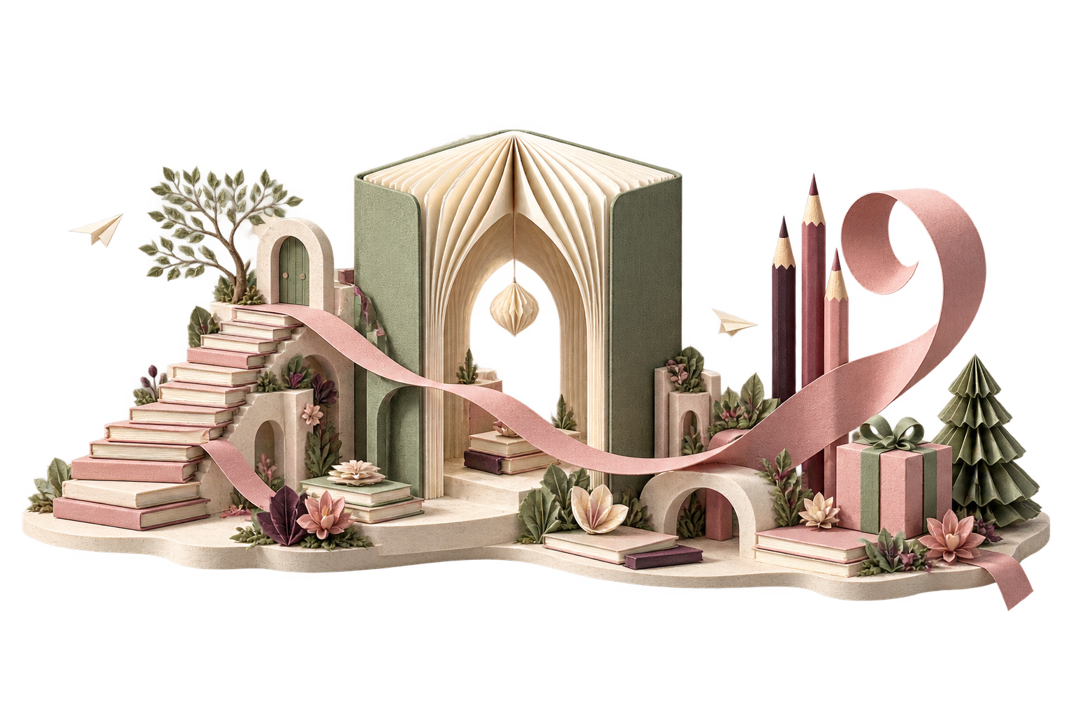 Un pequeño mundo de papel: un libro abierto forma un pabellón, una cinta rosa une escaleras de libretas, flores de papel y regalos