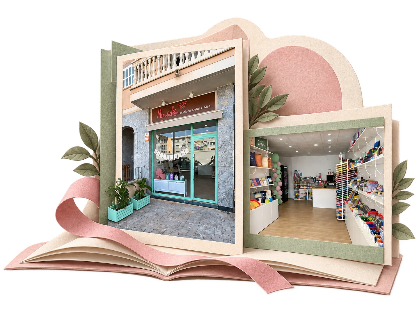 Un libro desplegable de papel con imágenes recreadas de la fachada y el interior de Monades, entre hojas de papel y una cinta rosa.